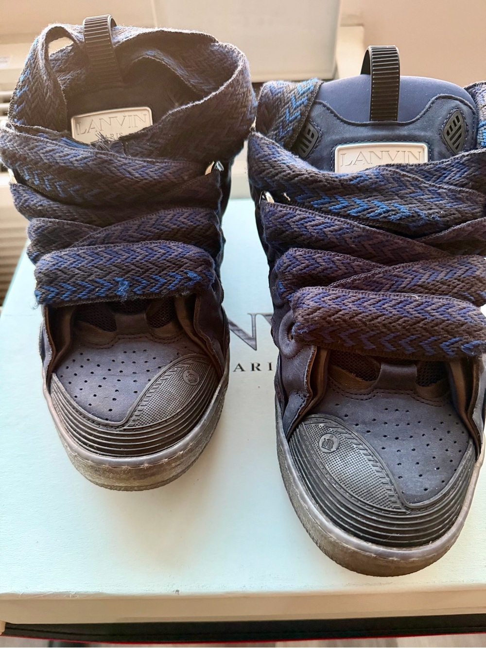 Lanvin Navy Blue and Black Wrap-Style High-Top Curb Sneakers